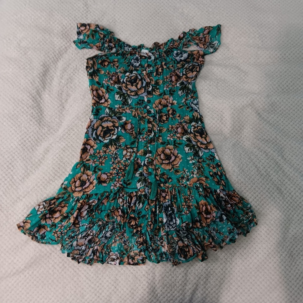 Green‎ Floral Boho Bohemian Ruffle Mini Dress By Sundays Small